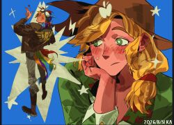  2girls apple_print applejack applejack_(equestria_girls) blonde_hair blush brown_hat cowboy_hat cowgirl_(western) fang_wo_zou_aaaaaa food_print freckles fruit_print full_body green_eyes hat highres long_hair long_sleeves low-tied_long_hair multicolored_hair multiple_girls my_little_pony my_little_pony:_equestria_girls my_little_pony:_friendship_is_magic pink_eyes rainbow_dash rainbow_dash_(equestria_girls) rainbow_hair rainbow_print upper_body yuri 