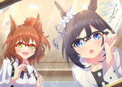  2girls absurdres adjusting_eyewear animal_ears aston_machan_(casual)_(umamusume) aston_machan_(umamusume) black_dress black_hair blue_eyes blue_nails blush bob_cut breasts brown_hair casual collarbone dress ear_ribbon ear_scrunchie eishin_flash_(casual)_(umamusume) eishin_flash_(umamusume) glasses green_eyes hair_between_eyes hair_ornament highres holding holding_removed_eyewear horse_ears horse_girl jacket long_sleeves mashiroken07 medium_breasts medium_hair mirror multiple_girls one_side_up open_clothes open_mouth reflection reflection_focus scrunchie semi-rimless_eyewear shirt short_hair smile suspenders swept_bangs umamusume unworn_eyewear white_scrunchie white_shirt 