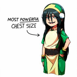  1girl a_flat_chest_is_a_status_symbol alternate_hair_length_(longer) arm_at_side armor arrow_(symbol) avatar:_the_last_airbender avatar_legends belt black_belt blind commentary cropped_legs english_commentary english_text fenixman12 flat_chest green_hairband green_pants grey_eyes grin hair_down hair_over_eyes hairband hand_on_own_hip highres japanese_armor kote long_hair pants pelvic_curtain short_sleeves smile solo teeth toph_beifong truth upper_teeth_only 