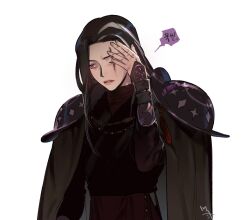  1boy alternate_skin_color armor black_cape black_hair cape commentary_request cookie_run cookie_run:_kingdom dark_choco_cookie hand_on_own_face korean_commentary korean_text let_ink lightened_skin long_hair male_focus multicolored_hair parted_lips pauldrons pink_lips red_eyes scar scar_across_eye scar_on_face shoulder_armor solo streaked_hair translation_request white_background white_streaks 