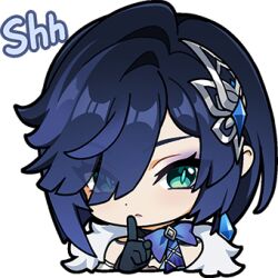  1girl black_gloves blue_eyes blue_hair chibi chibi_only closed_mouth finger_to_mouth genshin_impact gloves hair_ornament hair_over_one_eye index_finger_raised looking_at_viewer lowres official_art short_hair shushing solo transparent_background yelan_(genshin_impact) yelan_(tranquil_banquet)_(genshin_impact) 