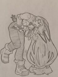  1girl animal_ears borrowed_character breasts carrot cuirass cuisses graphite_(medium) hatching_(texture) highres long_hair mechanical_pencil open_mouth original paper_background pencil photo_(medium) rabbit rabbit_ears rabbit_girl rabbit_tail self-upload sergent_magnom sketch smile solo tail tank_(bongfill) traditional_media 