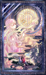  1girl absurdres artist_name bamboo black_hair border bow bowtie chinese_commentary collared_shirt commentary_request deer emloste flower flower_request frilled_shirt_collar frilled_skirt frilled_sleeves frills full_moon highres houraisan_kaguya long_hair long_skirt long_sleeves moon multiple_views night ornate_border pink_flower pink_shirt red_eyes red_skirt riding shirt skirt star_(sky) touhou wide_sleeves yellow_bow yellow_bowtie 