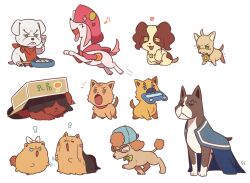  >_< animal_focus animalization backwards_hat bandana barking blue_cape blue_hat bow bowtie box bulldog cape cardboard_box chihuahua classicaloid closed_mouth commentary_request dog dumpling eyelashes fang food franz_liszt_(classicaloid) franz_schubert_(classicaloid) frederic_chopin_(classicaloid) goggles green_bow green_bowtie hat jacket_around_neck jiaozi johann_sebastian_bach_(classicaloid) kagura_sousuke ludwig_van_beethoven_(classicaloid) musical_note otowa_kanae pad-kun_(classicaloid) pink_hat pyotr_illyich_tchaikovsky_(classicaloid) red_bandana richard_wagner_(classicaloid) running simple_background ssalbulre tekla_badarzewska-baranowska_(classicaloid) tongue tongue_out white_background wolfgang_amadeus_mozart_(classicaloid) 