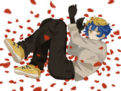  1girl black_hands black_hole-shaped_pupils black_pants blonde_hair blue_hair boku_no_hero_academia colored_extremities commentary_request full_body highres looking_at_viewer lying multicolored_hair on_side pants petals red_petals shirt shoes short_hair solo thirteen_(boku_no_hero_academia) user_kvgz8735 white_background yellow_eyes yellow_shoes 