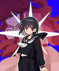  2girls beizi_(mskk_is_rio) black_eyes black_hair black_serafuku black_skirt blue_background blue_eyes closed_mouth commentary_request crying highres lara_(sayonara_lara) long_hair long_sleeves multiple_girls neckerchief ootsu_mari parted_lips red_hair sayonara_lara school_uniform serafuku serious short_hair skirt teeth white_neckerchief 