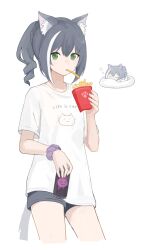  1girl alternate_hairstyle animal_ear_fluff animal_ears black_shorts can cat_ears cat_girl chibi chibi_inset commentary_request food french_fries green_eyes highres holding holding_food karyl_(princess_connect!) looking_at_viewer loungewear medium_hair multicolored_hair onigiri_noe princess_connect! print_shirt scrunchie shirt shorts simple_background solo streaked_hair t-shirt tail white_background white_shirt white_streaks wrist_scrunchie 
