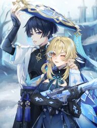  1boy 1girl absurdres aqua_gem armor avesaoi bare_tree belt bishounen black_belt black_bodysuit black_bow black_bridal_gauntlets black_gloves black_hair black_shorts black_shrug blonde_hair blue_cape blue_dress blue_flower blue_hat blue_jingasa blue_kimono blue_sleeves blunt_ends bodysuit bow breasts bridal_gauntlets cape castle cheek_pull cleavage_cutout clothing_cutout covered_collarbone dress elbow_gloves eyelashes eyeliner feathers flower furisode gem genshin_impact gloves goggles gold gold_ring gun hair_flower hair_intakes hair_ornament hand_up hat height_difference highres holding holding_gun holding_weapon japanese_armor japanese_clothes jingasa juban kimono kote kurokote large_breasts layered_sleeves looking_at_another looking_to_the_side lower_teeth_only lumine_(genshin_impact) lumine_(night_hunt_in_snow)_(genshin_impact) makeup mandarin_collar middle_ring monocle multicolored_flower multicolored_hair official_alternate_costume one_eye_closed open_clothes open_kimono open_mouth outdoors pinching pom_pom_(clothes) purple_hair purple_rope purple_sash red_eyeliner rifle rope sash scaramouche_(genshin_impact) short_hair short_hair_with_long_locks short_sleeves shorts shoulder_peek shrug_(clothing) side_cape sidelocks snowing streaked_hair tassel teeth tilted_headwear tree tsurime upper_teeth_only violet_eyes wanderer_(genshin_impact) watermark weapon white_cape white_flower white_kimono white_sleeves white_trim wolf_cut yellow_feathers 
