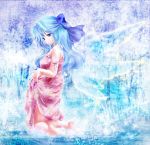  1girl alternate_costume alternate_hair_length alternate_hairstyle bare_arms bare_shoulders bare_tree barefoot blue_background blue_eyes blue_hair bow cirno dress expressionless facing_away floral_print glint hair_bow half_updo ice ice_wings kneeling long_hair older pink_dress skirt_hold snowing solo strap_slip touhou tree tsukiori_sasa water wings 