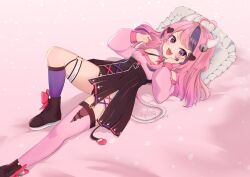  1girl :d absurdres ahoge bell black_skirt bow demon_girl demon_horns demon_tail hair_ornament heart heart_ahoge heart_hair_ornament highres horns ironmouse ironmouse_(1st_costume) looking_at_viewer lying multicolored_hair neck_bell nikkie_viore on_back open_mouth pink_bow pink_hair pink_sweater pink_thighhighs purple_hair single_thighhigh skirt smile solo streaked_hair sweater tail thigh-highs violet_eyes virtual_youtuber vshojo white_horns 