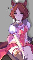  1girl ? absurdres animal_ears ascot black_thighhighs blush breasts brown_hair character_doll closed_mouth doll flower-shaped_pupils flower_in_eye garter_straps highres horse_ears horse_girl horse_tail izumo_(izumoda) looking_at_viewer medium_breasts narita_brian_(maverick)_(umamusume) narita_brian_(umamusume) pink_ascot pink_eyes pink_garter_straps pink_vest puffy_short_sleeves puffy_sleeves sakura_laurel_(saisir_le_reve)_(umamusume) sakura_laurel_(umamusume) shirt short_hair short_sleeves shorts single_garter_strap single_thighhigh smile solo symbol-shaped_pupils symbol_in_eye tail thigh-highs umamusume vest violet_eyes white_shorts 