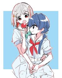  2girls :o aqua_neckerchief blue_background blue_eyes blue_hair blue_ribbon border candy_apple closed_mouth colored_inner_hair commentary_request diagonal_bangs dollchestra dress eating feeding food grey_hair hair_ribbon hasu_no_sora_school_uniform highres holding holding_candy_apple holding_food holding_hands kanduki_kamibukuro love_live! love_live!_hasu_no_sora_jogakuin_school_idol_club low_twintails multicolored_hair multiple_girls murano_sayaka neckerchief open_mouth outside_border profile puffy_short_sleeves puffy_sleeves red_eyes red_hair red_neckerchief ribbon sailor_collar school_uniform short_hair short_sleeves simple_background sitting sitting_on_lap sitting_on_person smile summer_uniform twintails virtual_youtuber white_border white_dress white_sailor_collar yugiri_tsuzuri yuri 
