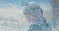 1girl absurdres aqua_headband autumn blue_cloak blue_horns blue_scales blue_sky braid braided_hair_rings castle chinese_commentary cloak closed_mouth clouds commentary_request downturned_eyes dragon_girl dragon_horns expressionless falling_petals from_side hair_rings headband highres hood hood_down hooded_cloak horns in-universe_location infinity_nikki lips long_hair looking_ahead medael_(infinity_nikki) monocle moss mountainous_horizon nikki_(series) overgrown parksolian_(infinity_nikki) petals pillar pink_lips pointy_ears pointy_nose sky solo statue tree upper_body white_hair wyx66157 yellow_eyes 