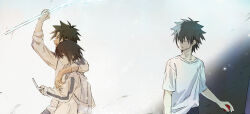  2boys 3boys absurdres aged_down arm_around_shoulder bag black_eyes black_hair black_pants chinese_commentary closed_eyes commentary_request false_memory from_side glowing guan_chao_(false_memory) guan_chao_(teenager)_(false_memory) hair_between_eyes hair_down hand_up handheld_game_console he_mingshuo highres holding holding_handheld_game_console holding_stick jacket male_focus medium_hair multiple_boys no_eyes open_clothes open_jacket open_mouth pants school_bag shirt short_sleeves simple_background sleeves_rolled_up smile spikes spiky_hair stick tear_troughs white_jacket white_shirt yuzhou_natie 