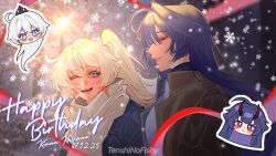  2girls ahoge blue_eyes earrings highres honkai_(series) honkai_impact_3rd horns jewelry kiana_kaslana long_hair multiple_girls purple_hair raiden_mei scarf smile snowflakes snowing tenshinofishy white_hair winter 