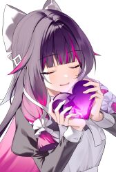  1girl absurdres alternate_costume apron black_hair black_sleeves closed_eyes columbina_(genshin_impact) commentary eile_(esspril) english_commentary fingernails gem genshin_impact hands_up heart heart-shaped_gem highres holding holding_gem juliet_sleeves long_hair long_sidelocks long_sleeves parted_lips pink_gem puffy_sleeves purple_gem purple_hair sidelocks simple_background solo upper_body white_apron white_background 