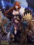  1girl armor bikini_armor braid breasts brown_hair cglange cleavage copyright_name feathered_wings fingerless_gloves gloves grey_eyes headgear highres large_breasts legend_of_the_cryptids lips long_hair looking_at_viewer navel shield solo staff standing thigh-highs wind wings 