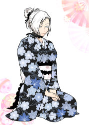  1girl asymmetrical_bangs black_choker black_scrunchie bob_cut bright_pupils choker closed_mouth commentary_request floral_print floral_print_kimono frilled_choker frills fujita_kakuji furisode hair_bun hair_ornament hair_scrunchie half-closed_eyes japanese_clothes kimono long_sleeves multiple_scars narrowed_eyes obi obijime parted_bangs print_kimono sash scar scar_across_eye scar_on_cheek scar_on_face scar_on_neck scrunchie seiza short_hair single_hair_bun sitting solo tokugawa_no_mashira tsuki_(tokugawa_no_mashira) white_background white_eyes white_hair white_pupils 