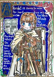  1girl :d anna_fra_nil armor belt blue_bow blue_eyes blunt_bangs blush border bow braid brown_belt brown_gloves cape chainmail commentary_request cross dragon english_text fang floral_border gloves great_helm hair_bow helmet highres holding holding_shield initial kite_shield knight marker_(medium) medieval multiple_hair_bows orange_hair original ornate_border polearm red_cross scabbard scar scar_on_face sheath shield smile solo solo_focus spear sword templar traditional_media tunic twin_braids unworn_headwear unworn_helmet waving weapon western_dragon white_cape white_tunic 
