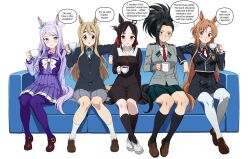  animal_ears asuna_(sao) blush boku_no_hero_academia couch crossover highres horse_ears horse_girl horse_tail k-on! kaguya-sama_wa_kokurasetai_~tensai-tachi_no_renai_zunousen~ kotobuki_tsumugi mejiro_mcqueen_(umamusume) potion school_uniform shinomiya_kaguya sitting tail tea vodka13 yaoyorozu_momo 