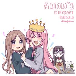  3girls absurdres animalization bang_dream! bang_dream!_it's_mygo!!!!! bird black_hair blue_shirt blush brown_hair cat chihaya_anon commentary confetti dated english_commentary fang grey_jacket hand_up haneoka_school_uniform happy_birthday highres jacket kaname_raana long_hair multiple_girls mygo!!!!!_(bang_dream!) nagasaki_soyo novelty_glasses open_mouth penguin pink_hair raana_the_cat school_uniform shiina_taki shirt sidelocks skin_fang sweatdrop takamatsu_tomori tsukinomori_school_uniform xiaxiaxiaoxiao 