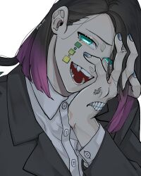  1boy absurdres aqua_eyes black_hair black_jacket commentary_request enmu_(kimetsu_no_yaiba) extra_mouth facial_mark fangs hand_mouth highres jacket kimetsu_no_yaiba long_hair open_mouth ryosei_0207 shirt simple_background solo symbol-shaped_pupils white_background white_shirt 