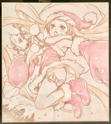  1girl asada_hiroyuki blonde_hair blue_eyes blush boots bow christmas commentary_request dress flat_chest floating_hair full_body hat highres holding holding_sack long_hair niche_(tegami_bachi) open_mouth photo_(medium) sack santa_costume santa_dress santa_hat shikishi tegami_bachi traditional_media twintails very_long_hair 