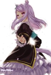  1girl absurdres animal_ears aqua_bow aqua_bowtie armband black_jacket black_skirt blue_armband blush bow bowtie coat ear_bow ear_ribbon frilled_coat frilled_jacket frills highres horse_ears horse_girl horse_tail jacket long_hair long_sleeves mejiro_mcqueen_(frontline_elegance)_(umamusume) mejiro_mcqueen_(umamusume) pleated_skirt purple_hair skirt solo tail tanuki_maisnam umamusume violet_eyes 