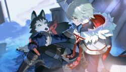  1boy ahoge alyosha_(genshin_impact) animal animal_ears animal_focus animal_nose black_boots black_fur black_gloves black_pants black_shirt blue_eyes blue_jacket boots cape claws closed_mouth commentary_request day dog dog_ears dog_tail earmuffs feet_out_of_frame food freckles fur-trimmed_boots fur-trimmed_cape fur_trim genshin_impact gloves green_hair grey_cape hair_between_eyes hayama_eishi highres holding holding_food hood hooded_cape husky jacket long_sleeves looking_at_animal looking_at_another male_focus outdoors pants pet puffy_long_sleeves puffy_sleeves red_ribbon ribbon sausage shadow shirt short_hair sitting sky smile snow tail tent thigh_strap tugarin_(genshin_impact) turtleneck turtleneck_shirt two-tone_fur white_fur white_sky winter yellow_eyes 
