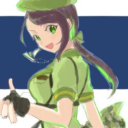  1girl black_hair breasts camouflage chest_harness commentary_request dog_tags earrings fingerless_gloves gloves green_eyes harness hat idolmaster idolmaster_cinderella_girls jewelry low_ponytail ponytail smile solo swept_bangs user_cnzw5333 yamato_aki 