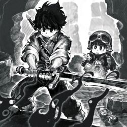  1boy 1girl arms_up backpack bag belt belt_buckle blurry blurry_background blush boots bright_pupils buckle clenched_teeth coat collared_shirt commentary eyelashes fantasy feet_out_of_frame fingernails goggles goggles_on_headwear greyscale hair_ribbon hands_up helmet highres holding holding_lantern holding_sword holding_weapon indoors jun_(navigavi) knee_boots lantern long_hair long_sleeves looking_to_the_side monochrome no_pupils open_mouth original pants ribbon rubble sheath sheathed shirt shirt_tucked_in short_hair sleeves_rolled_up standing stone_floor sweatdrop sword teeth twintails two-handed_sword upper_teeth_only wavy_mouth weapon 