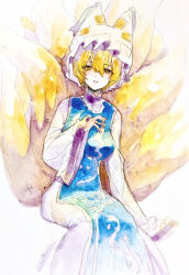  1girl absurdres animal_hat blonde_hair blue_tabard commentary dress fox_tail hat highres kitsune looking_at_viewer mob_cap multiple_tails navybluesparrow open_mouth painting_(medium) smile solo tabard tail touhou traditional_media watercolor_(medium) white_dress white_hat yakumo_ran yellow_eyes 