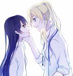  2girls ayase_eli blonde_hair blue_eyes collared_shirt doctor ear_studs earrings eye_contact hand_on_another&#039;s_face height_difference jewelry labcoat long_hair looking_at_another love_live!_school_idol_project multiple_girls ponytail purple_hair shen_yi shirt simple_background sketch sleeves_rolled_up sonoda_umi stethoscope very_long_hair white_background white_shirt yellow_eyes yuri 