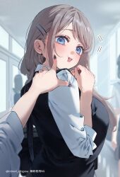  2girls =_= artist_name black_sweater blue_eyes blurry blurry_background blush bokeh breasts chigusa_minori collared_shirt commentary_request depth_of_field female_pov grey_hair hair_ornament hairclip hallway highres large_breasts looking_at_viewer looking_back mole mole_under_eye multiple_girls nail_polish open_mouth people pointing pointing_at_another pov saotome_shino_(shino_to_ren) school school_uniform shino_to_ren shirayuki_ren shirt sweater swept_bangs upper_body yuri 