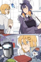  absurdres addendium apple blonde_hair bloop_(gawr_gura) blue_eyes closed_eyes cookie drink_carton food fruit highres ice ice_cube long_sleeves milk milk_carton monocle ninomae_ina'nis ninomae_ina'nis_(pastry_chef) plaid_clothes plaid_skirt refrigerator shirt skirt takodachi_(ninomae_ina'nis) tentacles watson_amelia watson_amelia_(1st_costume) 