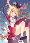  1girl alice_in_wonderland apron arms_up ass blonde_hair card cup dress fang flandre_scarlet hair_ribbon maid_apron open_mouth petals pocket_watch puffy_short_sleeves puffy_sleeves red_dress red_eyes ribbon rie_(reverie) short_sleeves side_ponytail solo stuffed_animal stuffed_bunny stuffed_toy teacup touhou upskirt watch wings 