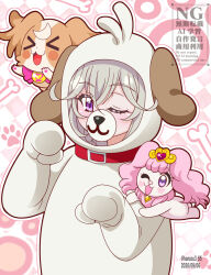  1girl animal_costume closed_eyes commentary_request dog dog_costume fairy_(precure) go!_princess_precure grey_hair hair_intakes hanzou highres hood in-franchise_crossover inukai_komugi inukai_komugi_(dog) long_hair looking_at_viewer meitantei_precure! moria_luluka one_eye_closed open_mouth papillon_(dog) paw_wand pink_eyes pink_hair precure puff_(precure) smile touyama_nao violet_eyes voice_actor_connection wonderful_precure! 