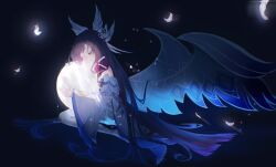  1girl ankle_strap arm_strap bare_shoulders barefoot black_background black_hair blunt_bangs closed_eyes closed_mouth colored_inner_hair columbina_(genshin_impact) crescent crescent_print dress eye_mask eyelashes falling_feathers feathered_wings feathers full_body full_moon genshin_impact gradient_hair hair_ornament hair_tubes hands_up head_wings highres holding holding_moon long_hair long_sleeves low_wings mask moon moonlight multicolored_hair multiple_wings off-shoulder_dress off_shoulder pink_hair rin_bina sidelocks simple_background sitting solo two-tone_hair very_long_hair wariza white_dress white_feathers white_mask wide_sleeves wings x_hair_ornament 