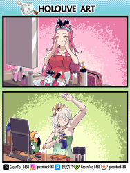  >_< 2girls :d absurdres animal_ears arm_up bare_shoulders cecilia_immergreen chattino_(raora_panthera) commentary doll_joints english_commentary green_hair grey_hair hands_on_own_cheeks hands_on_own_face highres hololive hololive_english innertube joints long_hair looking_at_mirror lotion medium_hair mirror multiple_girls naked_towel otomo_(cecilia_immergreen) panther_ears panther_girl pink_hair polishing raora_panthera sink smile swim_ring towel virtual_youtuber wd-40 winding_key xd yellow_eyes zetsuental 