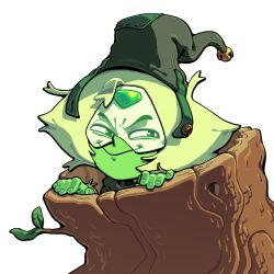  1girl alien alternate_costume bell blonde_hair closed_mouth colored_skin commentary discount-supervillain english_commentary face_shield forehead_jewel gem gem_(steven_universe) green_skin hat jingle_bell leaf messy_hair peridot_(steven_universe) short_hair smile solo steven_universe transparent_background tree_stump upper_body 