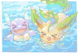  >_< blush blush_stickers border fang fangs happy highres leafeon no_humans open_mouth outside_border pokemon pokemon_(creature) pokemon_focus seta629211 smile wartortle water white_border 