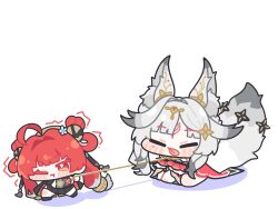  2girls animal_ear_fluff animal_ears blush_stickers chibi chibi_only closed_eyes commentary_request fox_ears fox_girl fox_tail highres hsin_(wuthering_waves) multiple_girls one_eye_closed red_eyes red_hair rope simple_background suoming_(wuthering_waves) syurikenmaru tail tail_ornament tongue tongue_out white_hair wuthering_waves 
