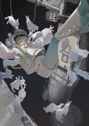  1girl absurdres animal animal_ear_helmet animal_helmet blue_leggings bonnet bow commentary_request frills grey_hair hair_intakes helmet highres hukaya39 leggings lolita_fashion moon moon_rabbit one_eye_closed original pink_bow puffy_sleeves rabbit shorts solo space space_helmet space_station spacesuit spacewalk star_(sky) white_shorts zero_gravity 