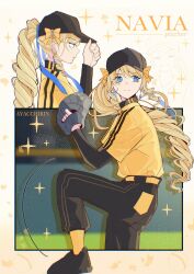  1girl alternate_costume alternate_hairstyle artist_name ayacchirin baseball_(sport) baseball_cap baseball_jersey baseball_mitt baseball_uniform black_hat black_pants blonde_hair blue_eyes bow character_name closed_mouth commentary drill_hair drill_sidelocks english_commentary genshin_impact hat highres jersey long_hair looking_to_the_side navia_(genshin_impact) pants pitching playing_sports serious shirt sidelocks solo sportswear very_long_hair yellow_bow yellow_shirt 