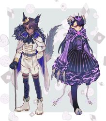  1boy 1girl barbed_wire belt black_hair boots cable cape chinese_commentary claws commentary_request crown dress e.g.o_(project_moon) electric_screaming_(e.g.o) electricity full_body gold_trim heathcliff_(project_moon) highres horns killerohan limbus_company long_hair meursault_(project_moon) prince project_moon purple_belt purple_dress purple_thighhighs sheep_horns telepole_(e.g.o) thigh-highs very_long_hair white_boots white_cape wool 