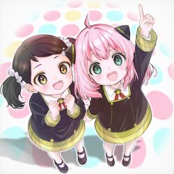  2girls :d ahoge anya_(spy_x_family) arm_up becky_blackbell black_dress black_shoes brown_hair child commentary_request cross_tie dress eden_academy_school_uniform from_above full_body green_eyes hair_ornament hair_scrunchie hairpods highres index_finger_raised long_sleeves medium_hair multiple_girls n_m_oekaki_n_k open_mouth pantyhose pink_hair school_uniform scrunchie shoes short_twintails smile spy_x_family standing teeth twintails upper_teeth_only white_pantyhose white_scrunchie yellow_eyes 