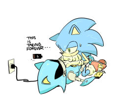  2boys animal_ears battery_indicator bored boy_on_top cable commentary english_text full_body furry furry_male gloves goatt344 green_eyes hedgehog_boy highres humanoid_robot jitome male_focus metal_sonic multiple_boys red_shoes robot robot_boy shoes simple_background sketch sonic_(series) sonic_the_hedgehog sweatdrop untranslatable_commentary white_background white_gloves 