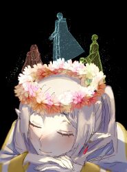  1girl 3boys bai_mei beer_mug black_background cloak closed_eyes closed_mouth commentary_request cup dreaming dwarf earrings eisen_(sousou_no_frieren) elf fake_horns frieren glasses hand_on_own_chin head_wreath heiter helmet highres himmel_(sousou_no_frieren) holding holding_cup horned_helmet horns jewelry long_sleeves mug multiple_boys pointy_ears simple_background sleeping sousou_no_frieren teardrop_earrings white_hair 