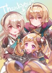  1boy 2girls absurdres armor biko0205 black_armor black_hairband blonde_hair bow commentary_request drill_hair earrings elise_(fire_emblem) female_corrin_(fire_emblem) fire_emblem fire_emblem_fates grey_hair hair_between_eyes hair_bow hairband hands_up highres jewelry leo_(fire_emblem_fates) long_hair looking_at_viewer multicolored_hair multiple_girls open_mouth pointy_ears purple_hair red_eyes short_hair siblings smile streaked_hair teeth thank_you twin_drills twintails upper_teeth_only v violet_eyes 