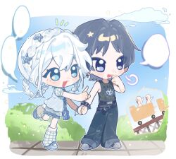  1boy 1girl alternate_costume arm_at_side artist_request asymmetrical_footwear baggy_pants belt belt_buckle black_belt black_hair black_pants black_tank_top blank_speech_bubble blonde_hair blue_dress blue_eyes blue_hair blue_nails blue_sky blunt_ends blush bracelet braid bright_pupils buckle bush casual character_request checkered_sleeves checkered_socks choppy_bangs clear_sky commission contemporary couple crown_braid denim denim_skirt dress fingernails genshin_impact grey_hair grey_shoes grey_skirt hair_intakes hair_ornament hand_up hetero highres holding_hands index_finger_raised jeans jewelry layered_dress looking_to_the_side loose_socks mismatched_footwear multicolored_hair notice_lines oc_x_canon open_mouth original pants pentagram pointing pointing_to_the_side puff_of_air puffy_sleeves roller_coaster scaramouche_(genshin_impact) second-party_source see-through_clothes see-through_dress shoes short_dress skirt skirt_under_dress sky sneakers socks speech_bubble spiked_bracelet spikes standing star_(symbol) star_hair_ornament star_in_eye streaked_hair symbol_in_eye tank_top tareme tile_floor tiles violet_eyes white_dress white_hair white_pupils white_shoes white_sleeves white_socks wolf_cut 